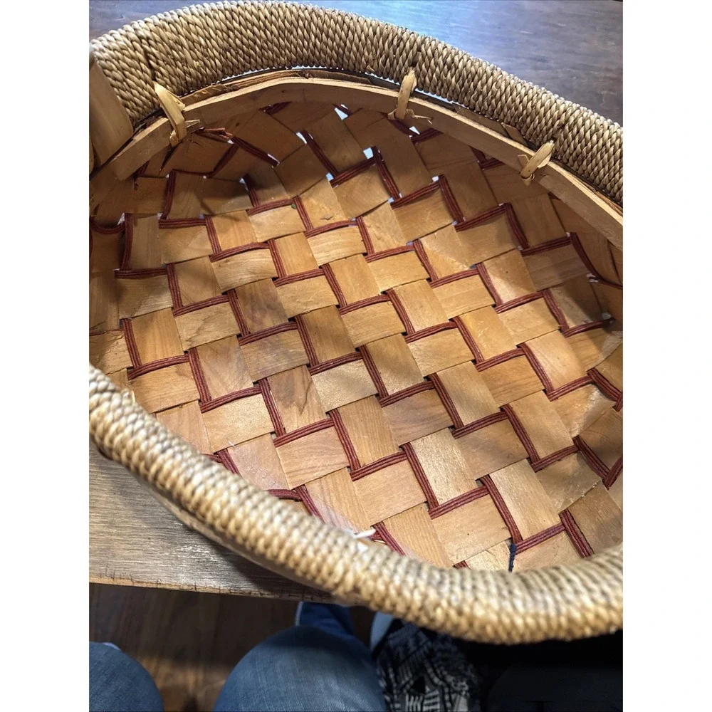 Vintage Warm Two Tone Wooden Woven Basket Handle Farmhouse Boho 15 X 12